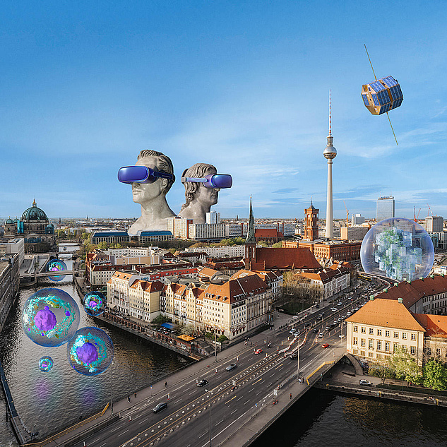 Berlin University Alliance Das Bild zeigt eine futuristische Darstellung der Stadt Berlin mit verschiedenen Elementen, die Technologie und Innovation symbolisieren. Im Vordergrund ist die Spree zu sehen, die durch die Stadt fließt. Auf dem Fluss sind mehrere transparente Kugeln zu erkennen, die farbige, strukturierte Muster enthalten. Diese Kugeln könnten als Symbol für molekulare Strukturen oder Datenvisualisierungen interpretiert werden.