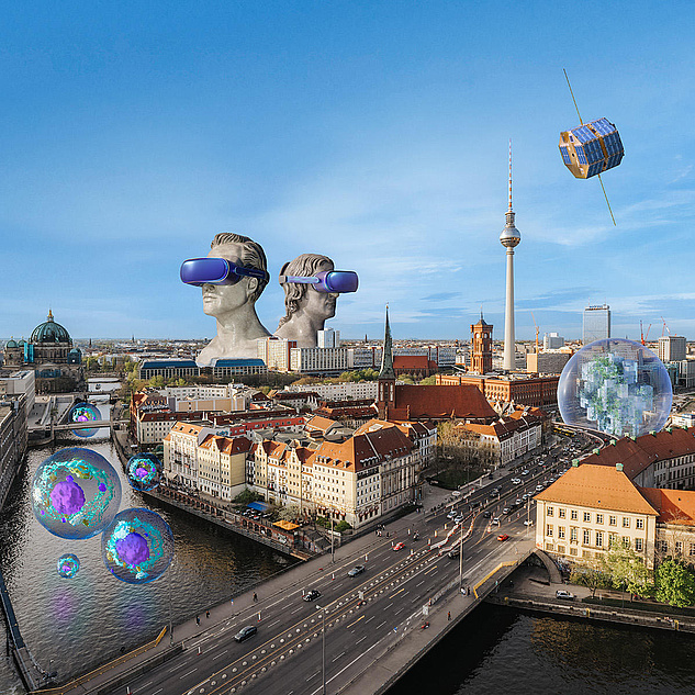 Berlin University Alliance Das Bild zeigt eine futuristische Darstellung der Stadt Berlin mit verschiedenen Elementen, die Technologie und Innovation symbolisieren. Im Vordergrund ist die Spree zu sehen, die durch die Stadt fließt. Auf dem Fluss sind mehrere transparente Kugeln zu erkennen, die farbige, strukturierte Muster enthalten. Diese Kugeln könnten als Symbol für molekulare Strukturen oder Datenvisualisierungen interpretiert werden.