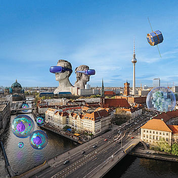 Berlin University Alliance Das Bild zeigt eine futuristische Darstellung der Stadt Berlin mit verschiedenen Elementen, die Technologie und Innovation symbolisieren. Im Vordergrund ist die Spree zu sehen, die durch die Stadt fließt. Auf dem Fluss sind mehrere transparente Kugeln zu erkennen, die farbige, strukturierte Muster enthalten. Diese Kugeln könnten als Symbol für molekulare Strukturen oder Datenvisualisierungen interpretiert werden.