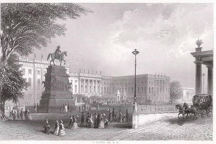 Berlin Universität Unter den Linden um 1850 Historical drawing of the main building of the HU - people and horses on Unter den Linden