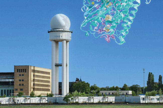 UniSycat Ein überdimensional großes Enzym schwebt über dem Tempelhofer Feld in Berlin