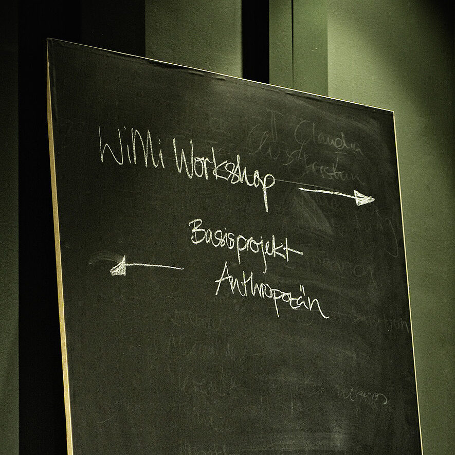 Workshops anbieten Eine Werbetafel auf der mit Kreide einige Wörter geschrieben wurden