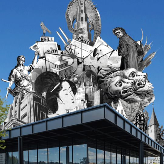 Temporal Communities - Literature in a Global Perspective Eine Collage aus Artefakten und Zeugnissen aus diversen Zeiten und Kulturen inszeniert auf der Neuen Nationalgalerie.